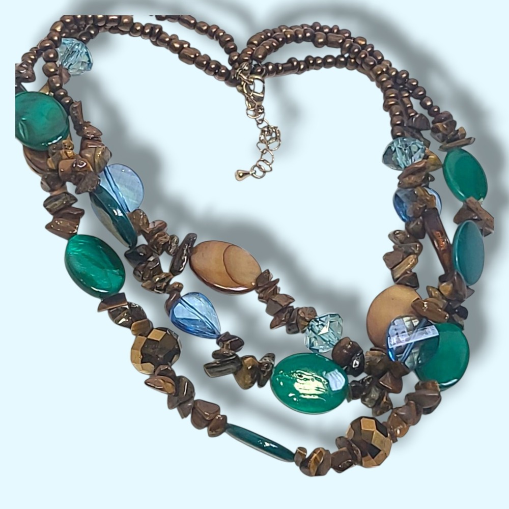 Vintage 3 Strand Green Blue Brown Glass MOP & Tiger's Eye Beaded Necklace 14-17"